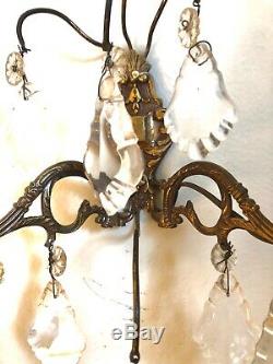Pair Antique French Crystal Sconces Electric Wall Lights