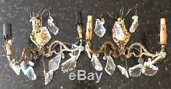 Pair Antique French Crystal Sconces Electric Wall Lights