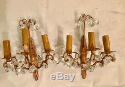 Pair Antique French Crystal Sconces Electric Wall Lights Treble Candle Holder