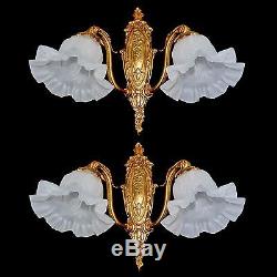 Pair Antique French Doré Bronze Empire w Frosted Glass Two-light Wall Sconces