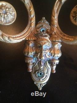 Pair Antique French Gilt Bronze 2 Arm Wall Sconces L. Pinet Candelabra Et Piano