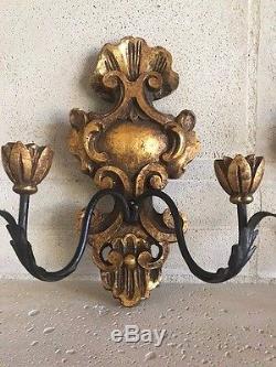 Pair Antique French Itay Carved Gilt Wood Metal 2 Candle Holder Wall Sconces