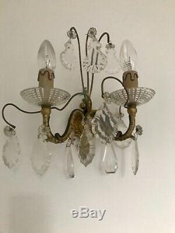 Pair Antique French Original Crystals 2 Arm Candle Sconce Electric Wall Lights