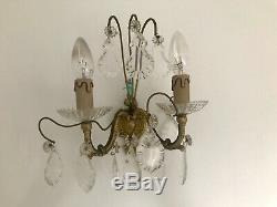 Pair Antique French Original Crystals 2 Arm Candle Sconce Electric Wall Lights
