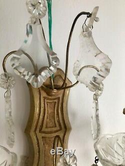 Pair Antique French Ornate Crystal 2 Arm Candle Sconce Electric Wall Lights