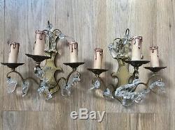 Pair Antique French Ornate Crystal 3 Arm Candle Sconce Electric Wall Lights