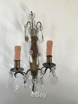 Pair Antique French Ornate Double 2 Crystal Candle Sconce Electric Wall Lights
