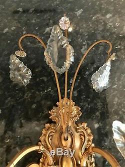 Pair Antique French Ornate Double 2 Crystal Candle Sconce Electric Wall Lights