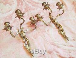 Pair Antique French Rococo Candle Sconces Wall Lights Three Arms Bronze