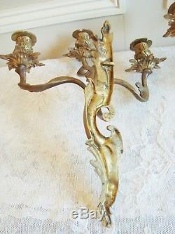 Pair Antique French Rococo Candle Sconces Wall Lights Three Arms Bronze