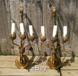 Pair Antique Gold Brass 3 Light Floral Theater Wall Sconces, Working