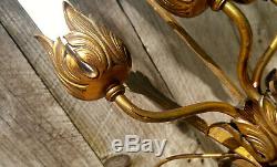 Pair Antique Gold Brass 3 Light Floral Theater Wall Sconces, Working