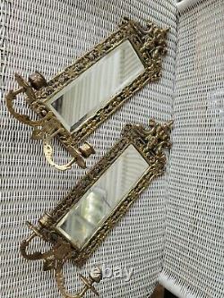 Pair Antique Mirror & Brass Candle Holder Wall Scones Gilt Dolphins 20 X 10