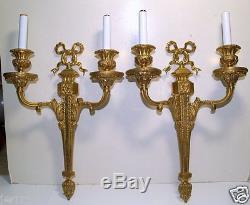 Pair Antique Neoclassical French Solid Brass Wall Sconces Fixture New Wiring
