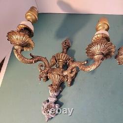 Pair Antique Solid Brass Light Wall Sconces Vintage S Shaped Holders #3