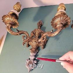 Pair Antique Solid Brass Light Wall Sconces Vintage S Shaped Holders #3