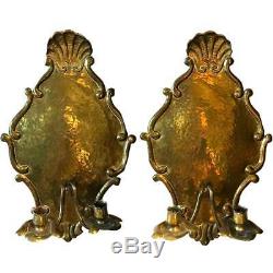 Pair Antique Swedish Grace Brass Two-Arm Candle Wall Sconces c. 1900
