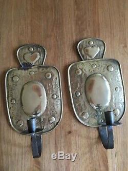 Pair Antique Swedish Hammered Brass Candle Wall Sconces early 1900's