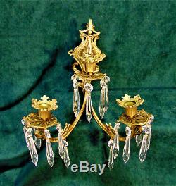 Pair Antique VIntage Gold Brass Wall Candle Sconces 3 Arm with Prisms