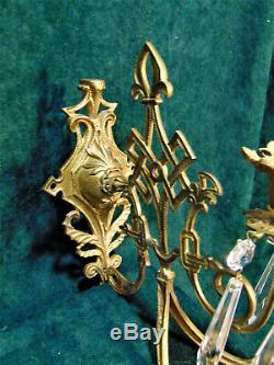 Pair Antique VIntage Gold Brass Wall Candle Sconces 3 Arm with Prisms