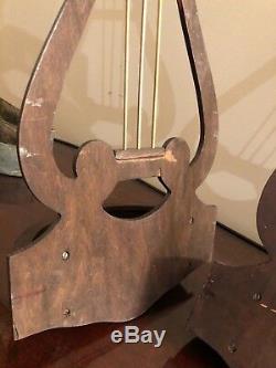 Pair Antique Victorian wooden gold Harp Lyre sconces wall planters metal pan 18