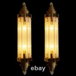 Pair Antique Vintage Art Deco Brass Milk Glass Rod Ship Light Wall Sconces Lamp