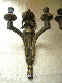 Pair Antique Vintage Gold Hand Painted Hand Carved Wooden Wall Sconces