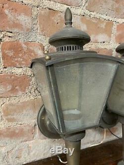 Pair Antique/Vtg Brass Metal Glass Outdoor Porch Patio Wall Sconce Light #5192