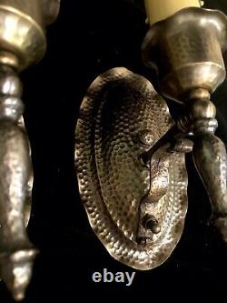 Pair Antique Vtg Hammered Brass Finish Arts & Crafts Mission Wall Fixture Sconce