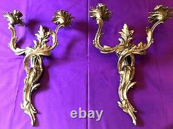 Pair Antique Wall Sconces Candleholders French Brass LOUIS XV ROCOCO 18 B625