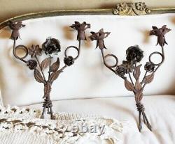 Pair Antique Wrought Iron Two Arm French Tole Wall Sconces Vintage