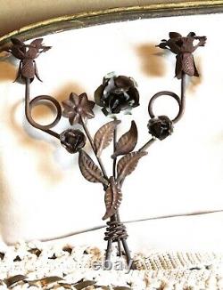 Pair Antique Wrought Iron Two Arm French Tole Wall Sconces Vintage