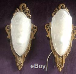 Pair Art Deco Slip Shade Wall Sconce Antique Vintage Style Light Fixture