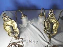 Pair BRONZE Antique Light Fixtures Victorian Brass Wall Lamps