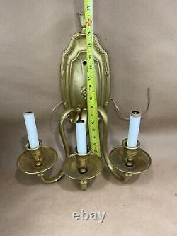 Pair Brass Electric Wall Sconces Light Fixture 3 Arm Candle Vintage Antique Gilt