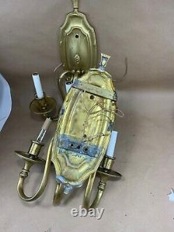 Pair Brass Electric Wall Sconces Light Fixture 3 Arm Candle Vintage Antique Gilt