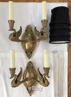 Pair Brass French Empire Swan Figural Bouillotte Wall Sconces Plug In Hardwire
