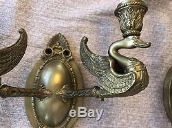 Pair Brass French Empire Swan Figural Bouillotte Wall Sconces Plug In Hardwire