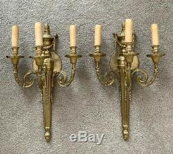 Pair Bronze Adams Style Wall Sconces 3 Light Arms