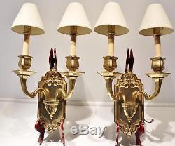 Pair C1920s Bronze Double Wall Sconces by Sterling Bronze Co. With Metal Shades NR