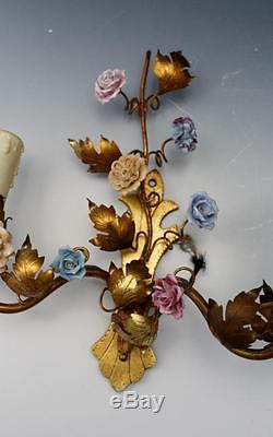 Pair C1930s French Gilt Metal & Porcelain Flower Double Wall Sconces No Reserve