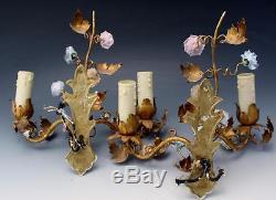 Pair C1930s French Gilt Metal & Porcelain Flower Double Wall Sconces No Reserve