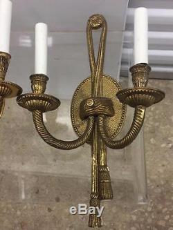 Pair Cast Bronze Ornate Rope & Tassels 2 Light Wall Sconces Made In Spain