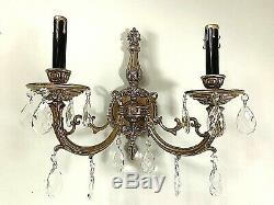 Pair Continental Spanish Brass 2 Arms Wall Sconces, wired