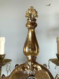 Pair Continental Spanish Brass 2 Arms Wall Sconces, wired