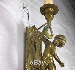 Pair Couple Wall Sconces Cherub Putti Eros Angel Ornate Brass Stunning Marked