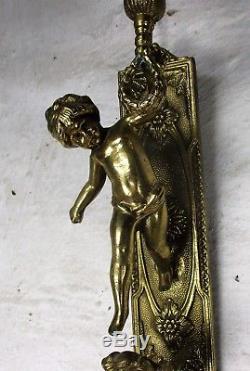 Pair Couple Wall Sconces Cherub Putti Eros Angel Ornate Brass Stunning Marked