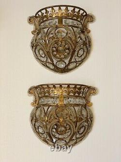 Pair Crystal Beaded Baguette Wall Sconces Gilt Metal French Maison Bagues Style