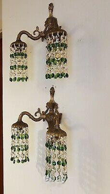 Pair Crystal Down Light Wall Sconces, Vintage with Emerald Green & Clear Crystal