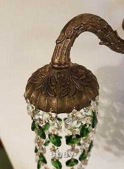 Pair Crystal Down Light Wall Sconces, Vintage with Emerald Green & Clear Crystal